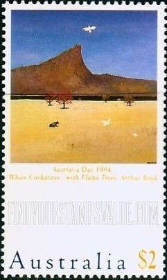FindYourStampsValue: Australia Day: White Cockatoos in Paddock with Flame Trees, by Boyd, vertical