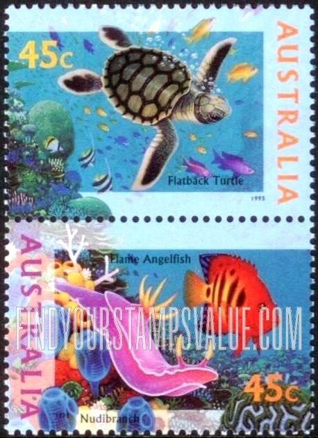 FindYourStampsValue: The World Down Under: Flatback turtle and Flame angelfish, nudibranch