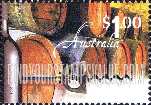 FindYourStampsValue: Australian Wine: Wine bottle, corkscrew, wine barrels