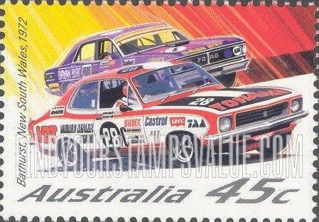FindYourStampsValue: Race Cars: Holden Torana XU1 and Ford Falcon XY GTHO, Bathurst, New South Wales, 1972