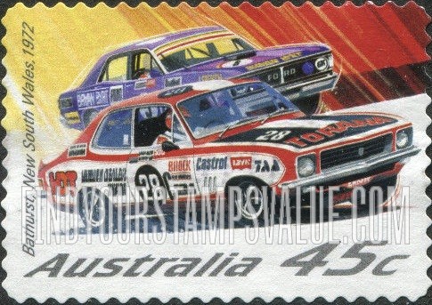 FindYourStampsValue: Race Cars: Holden Torana XU1 and Ford Falcon XY GTHO, Bathurst, New South Wales, 1972