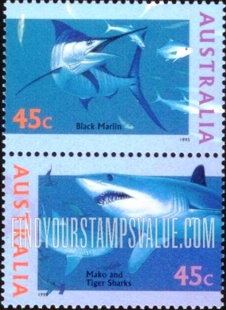 FindYourStampsValue: The World Down Under: Black marlin and Mako & tiger sharks