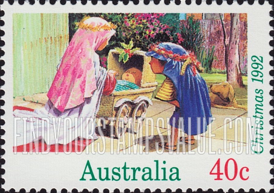 FindYourStampsValue: Christmas: Children dressed as Mary and Joseph with baby carriage