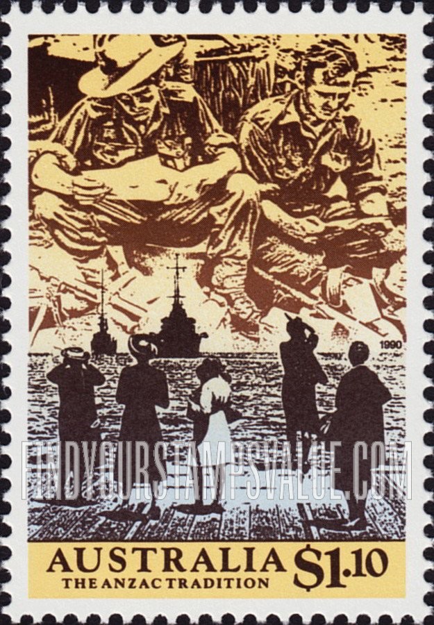 FindYourStampsValue: Scenes from WW II, 1940-41: Anzacs reading mail from home, 5 women watching departure of 2 ships