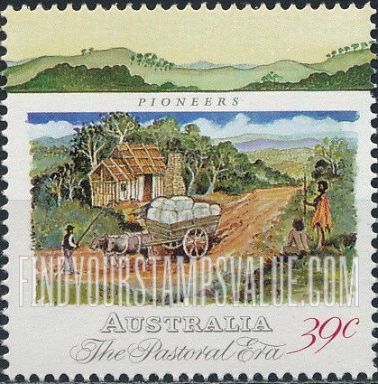 FindYourStampsValue: Colonial Australia: Pioneer’s hut, wool bales in dray