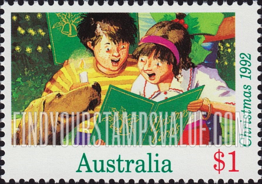 FindYourStampsValue: Christmas: Boy and girl singing Christmas carol