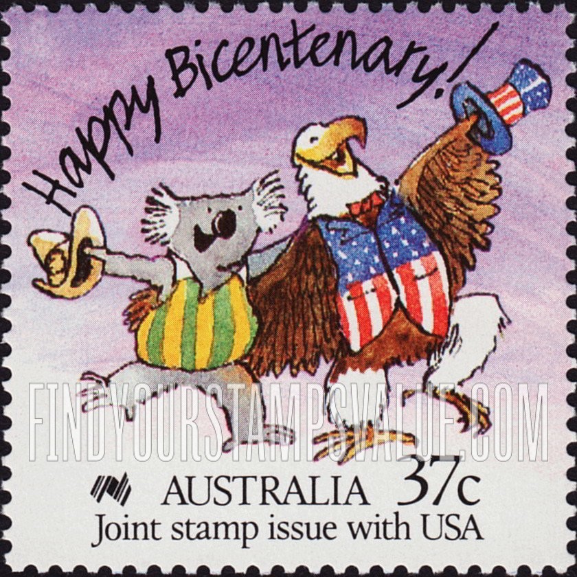FindYourStampsValue: Caricature of Australian Koala and American Bald Eagle