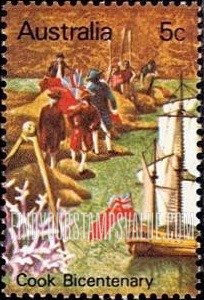 FindYourStampsValue: Cook taking possession with Union Jack; “Endeavour,” coral