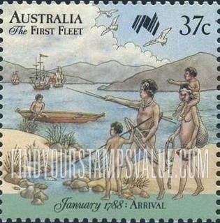 FindYourStampsValue: Arrival of the First Fleet, Sydney Cove, January 1788: Four aborigines on shore