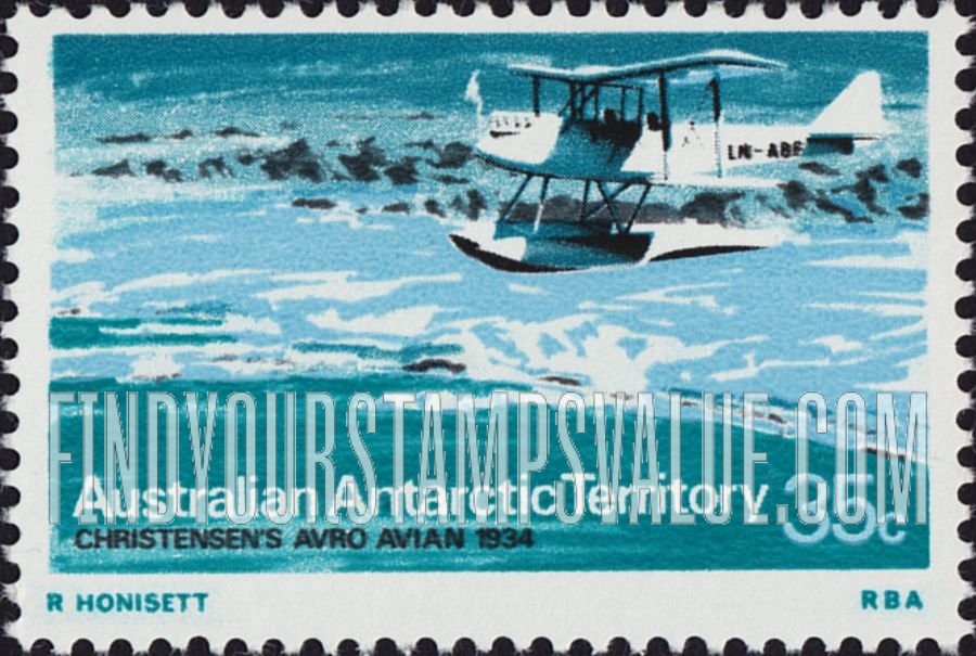 FindYourStampsValue: AUSTRALIAN ANTARCTIC TERRITORY: Lars Christensen’s Avro Avian and Framnes Mountains, horizontal