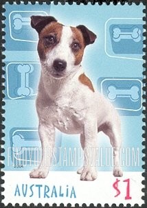 FindYourStampsValue: Cats and Dogs: Jack Russell terrier (bone background)