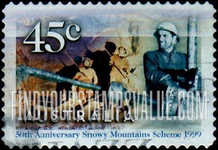 FindYourStampsValue: Snowy Mountains Hydroelectric Projects, 50th Anniversary: 1765, Rock bolters at Tumut 2 Power Station Hall, driller at Tooma-Tumut Tunnel