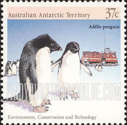 FindYourStampsValue: AUSTRALIAN ANTARCTIC TERRITORY - Environment, Conservation and Technology: Adelie penguins and snow-ice transport vehicle