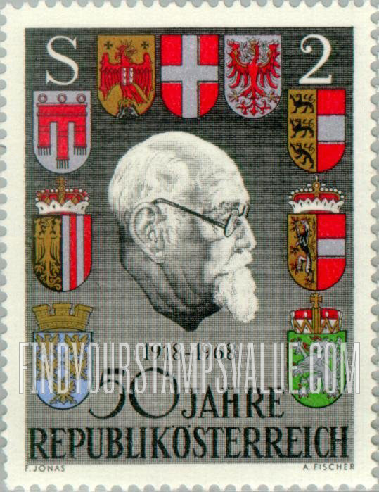 FindYourStampsValue: Republic of Austria, 50th Anniversary: President Karl Renner and States’ arms