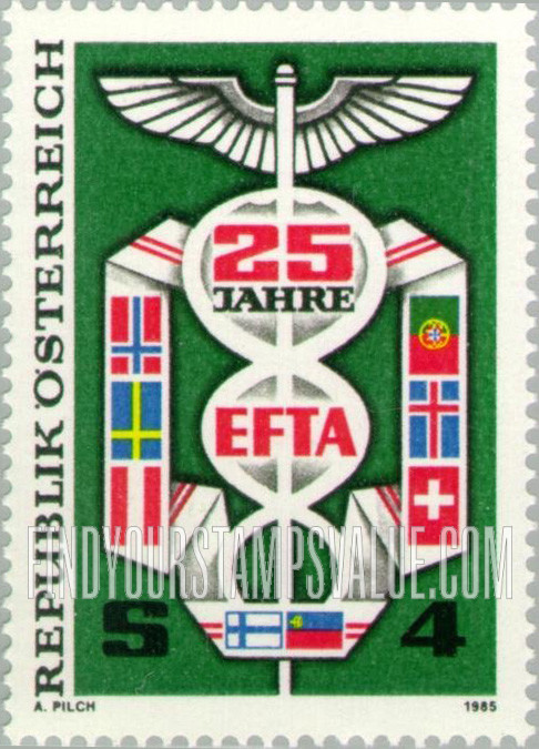 FindYourStampsValue: European FreeTrade Association, 25th Anniversary: Mercury staff, flags of member and affiliate nations