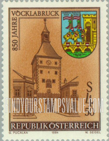 FindYourStampsValue: City of Vocklabruck, 850th Anniversary: Tower, arms