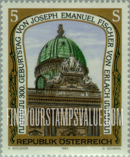 FindYourStampsValue: Famous Buildings: Statues & dome of Imperial Palace Vienna, designed by Joseph Emanuel Fischer von Erlach