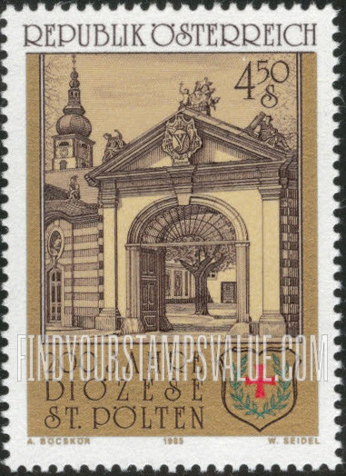 FindYourStampsValue: St. Polten Diocese, Bicentenary: Episcopal residence gate, St. Polten diocese arms