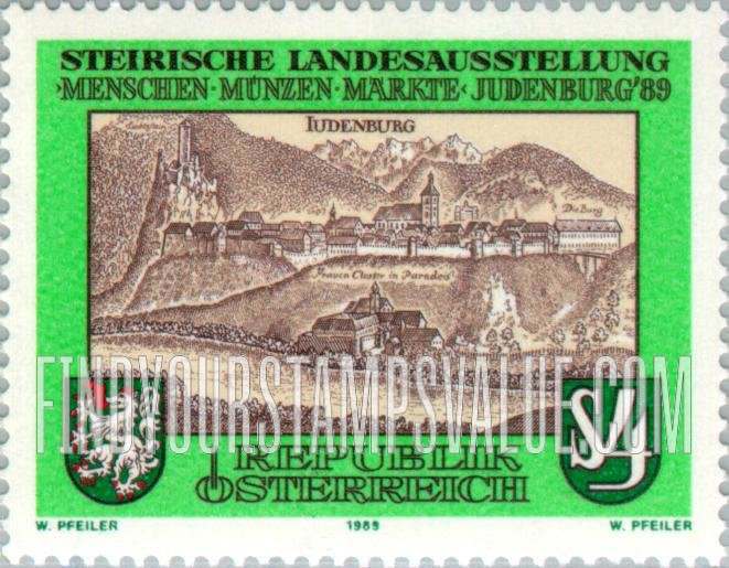 FindYourStampsValue: Styrian Provincial Exhibition, Judenburg: Judenberg, 17th century, an engraving by Georg Matthaus Vischer