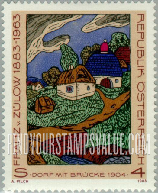 FindYourStampsValue: Village with Bridge (1904), by Franz von Zulow (1883-1963), Painter