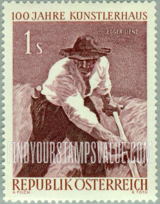 FindYourStampsValue: Society of Creative Artists, Künstlerhaus, Vienna, Centenary: Mountain Mower, by Albin Egger-Lienz