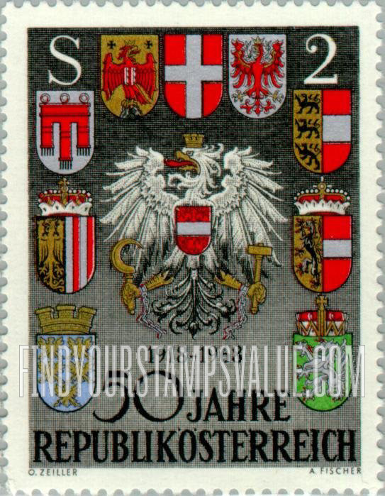 FindYourStampsValue: Republic of Austria, 50th Anniversary: Coats of arms of Austria and Austrian states
