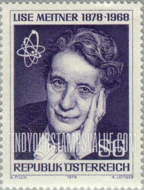 FindYourStampsValue: Lise Meitner (1878-1968), Physicist, and Atom Symbol