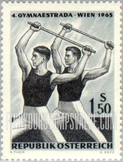 FindYourStampsValue: 4th Gymnaestrada, International Athletic Meet, Vienna, July 20-24: Male gymnasts with practice bars