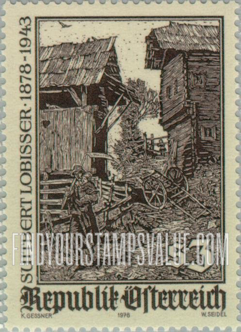 FindYourStampsValue: Alpine Farm, Woodcut by Suitbert Lobisser