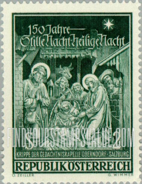FindYourStampsValue: Hymn “Silent Night, Holy Night”, 150th Anniversary: Crèche, Memorial Chapel, Oberndorf-Salzburg