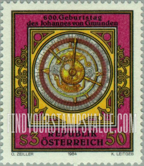 FindYourStampsValue: Johannes of Gmunden, Mathematician, 600th Birth Anniversary: Clock (Immset Uhr), 1555