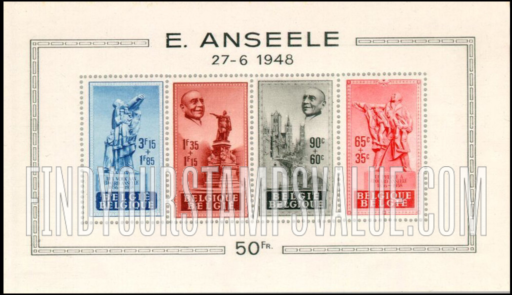 FindYourStampsValue: Semi-Postal: Anseele Monument Showing French Inscription. View of Ghent. Van Artevelde monument, Ghent. Anseele Monument, Flemish inscription