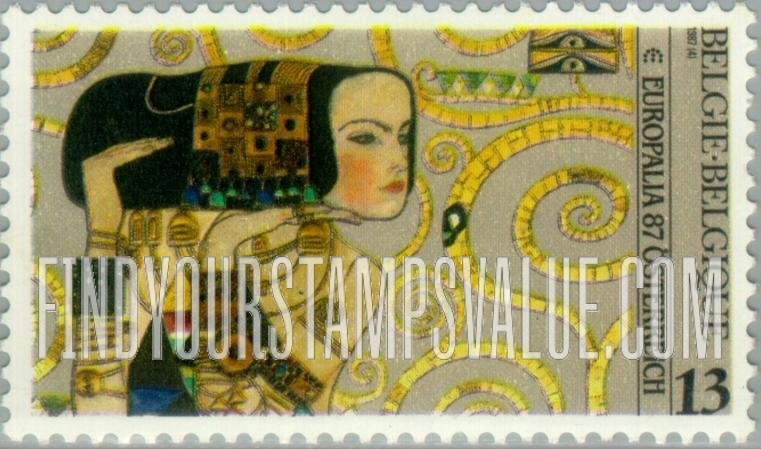 FindYourStampsValue: EUROPALIA β87, Austrian Cultural Events: Woman, detail of a fresco by Gustav Klimt, Palais Stoclet, Brussels