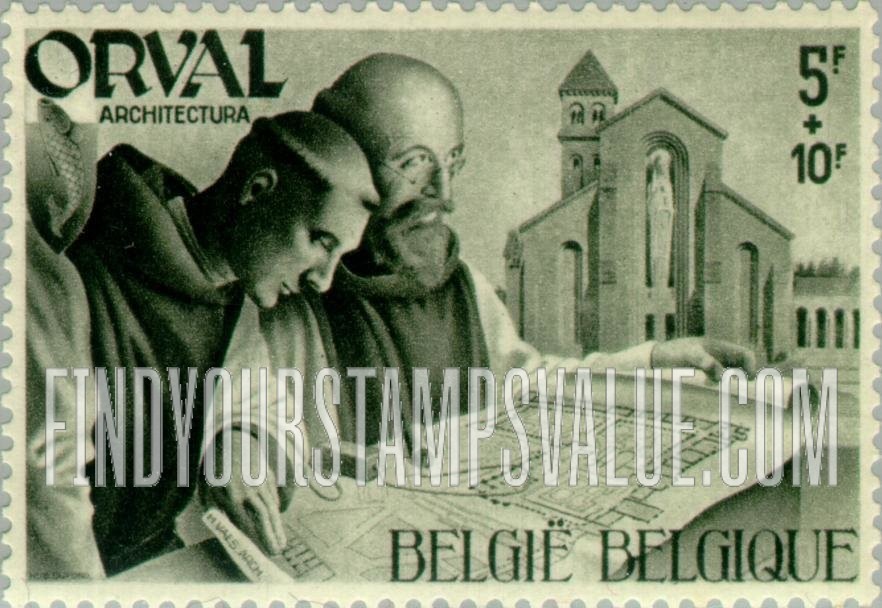 FindYourStampsValue: Semi-Postal: Monks Studying Plans of Orval Abbey