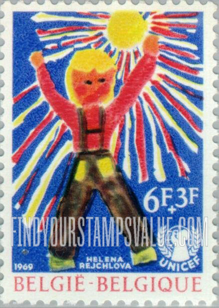 FindYourStampsValue: Semi-Postal, Children’s Drawings and UNICEF Emblem: “In the Sun” (young boy), by Helena Rejchlova, Czechoslovakia