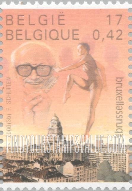 FindYourStampsValue: Brussels, 2000 European City of Culture: Brussels skyline and Harmonica player, dancer