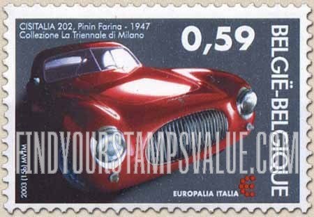 FindYourStampsValue: Europalia Italia Festival, Belgium: 1947 Cisitalia 202, designed by Battista Pininfarina