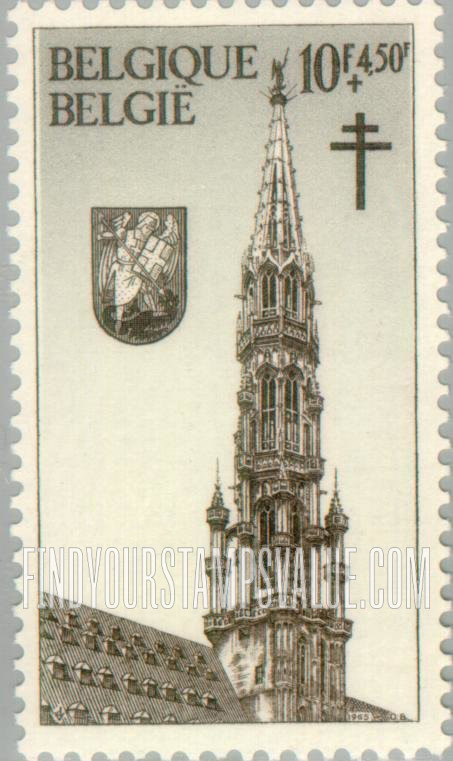 FindYourStampsValue: Semi-Postal, Buildings on Grand-Place, Brussels: Tower of City Hall and St. Michael