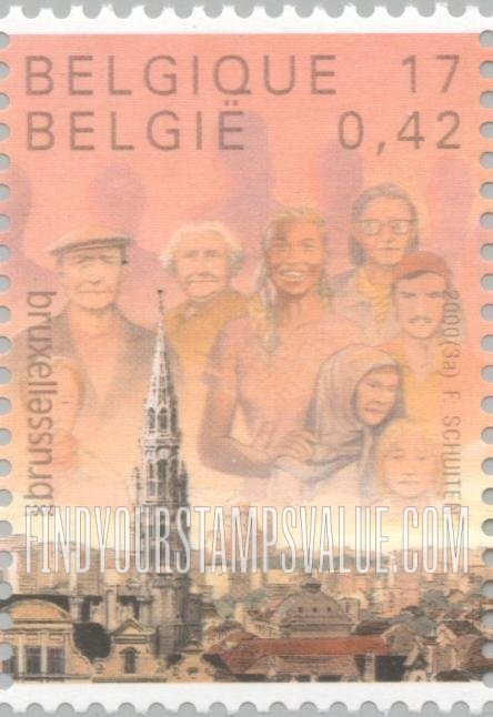 FindYourStampsValue: Brussels, 2000 European City of Culture: Brussels skyline and Seven people