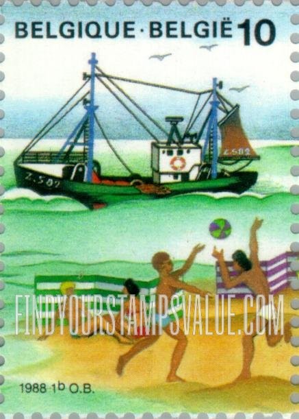 FindYourStampsValue: The Sea: Trawler, youths playing volleyball on beach