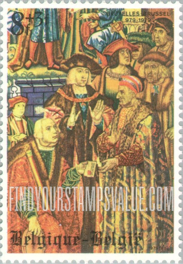 FindYourStampsValue: Semi-Postal, Details from Tapestries, 1516-1518, Showing Legend of Our Lady of Sand: Francois de Tassis accepting letter from Emperor Frederick III (beginning of postal service)