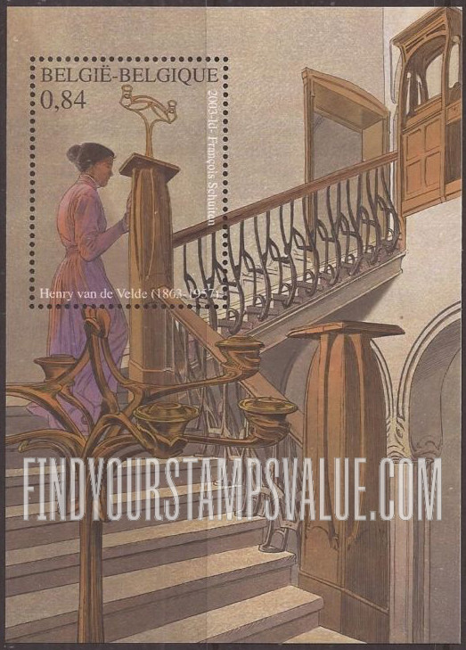 FindYourStampsValue: Henry van de Velde (1863-1957), Architect: Marie Sèthe, wife of van de Velde, on Art Nouveau staircase