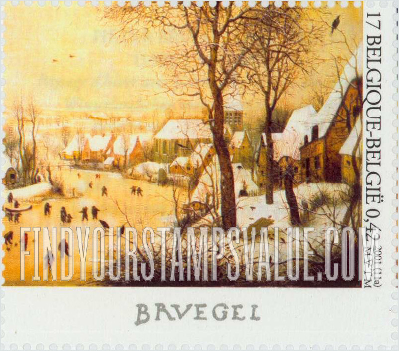 FindYourStampsValue: Musées Royaux des Beaux Arts, Brussels, 200th Anniversary: Winter Landscape With Skaters, by Pieter Breughel the Elder