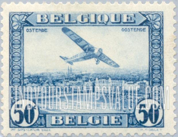 FindYourStampsValue: Air Post: Fokker FVII/3m over Ostend