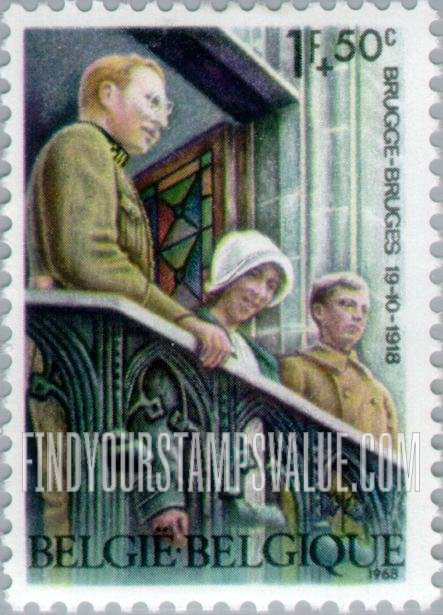 FindYourStampsValue: Semi-Postal: King Albert, Queen Elisabeth and Crown Prince Leopold on balcony, Bruges