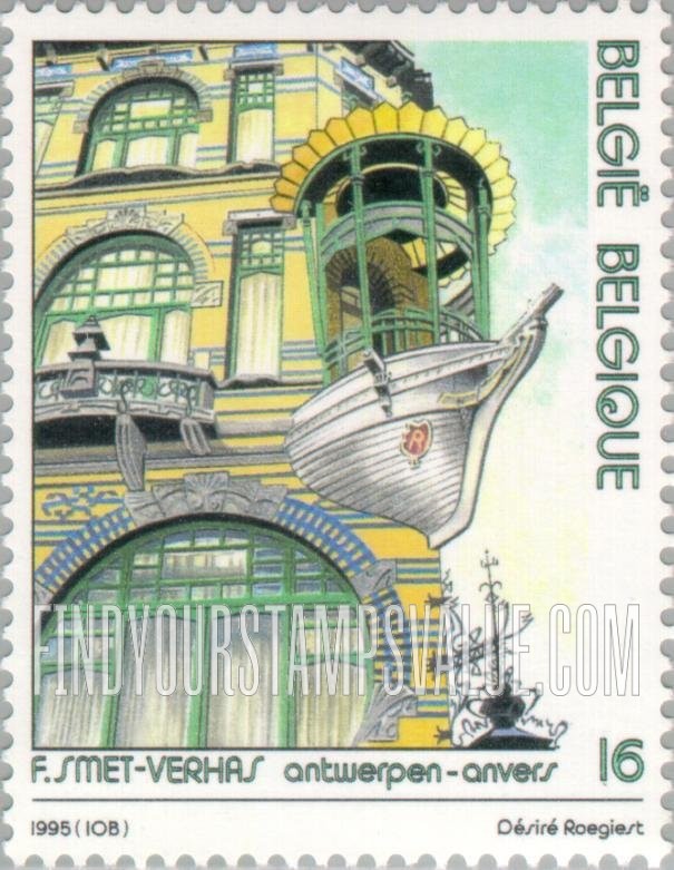 FindYourStampsValue: Tourism, Architectural designs: De Viif Werelddelen, corner building, Antwerp, by Frans Smet-Verhas (1851-1925)