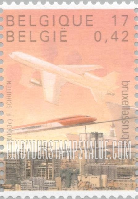 FindYourStampsValue: Brussels, 2000 European City of Culture: Brussels skyline and Airplane, train, ships