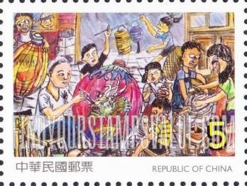 FindYourStampsValue: Children’s Art: Winning drawings in children’s stamp design competition: Man painting Chinese lantern - 儿童画：在儿童邮票设计比赛中获奖的画: 绘中国灯笼的人