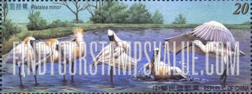 FindYourStampsValue: Platalea Minor: Birds in water - 黑面琵鹭: 水中的鸟类 (群栖)