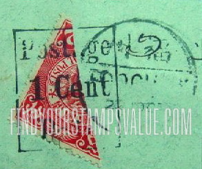 FindYourStampsValue: Diagonal Half of No. 112 Surcharged on Stamp and Envelope - 邮票和信封上收取的角线的一半的第112号
